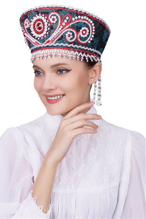 Кокошник "Княжна" изумрудный с красной тесьмой