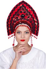 Красный кокошник с искусственным жемчугом и камнями