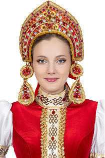 Кокошник красный с жемчугом и камнями