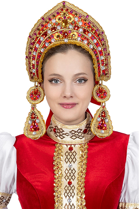Кокошник красный с жемчугом и камнями